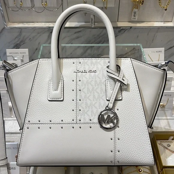 Michael Kors Avril Small Studded Patchwork and Signature Logo Satchel Crossbody - Picture 12 of 16